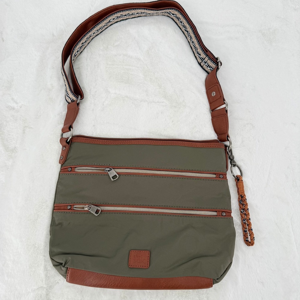 The Sak Crossbody Bag Women Medium Olive Green Nylon Leather Trim Multi Pocket